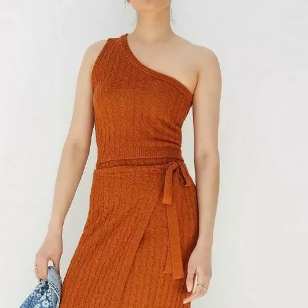 “Current Air” by Anthropologie Ribbed Knit Skirt Set, One Shoulder Midi, Sz M
